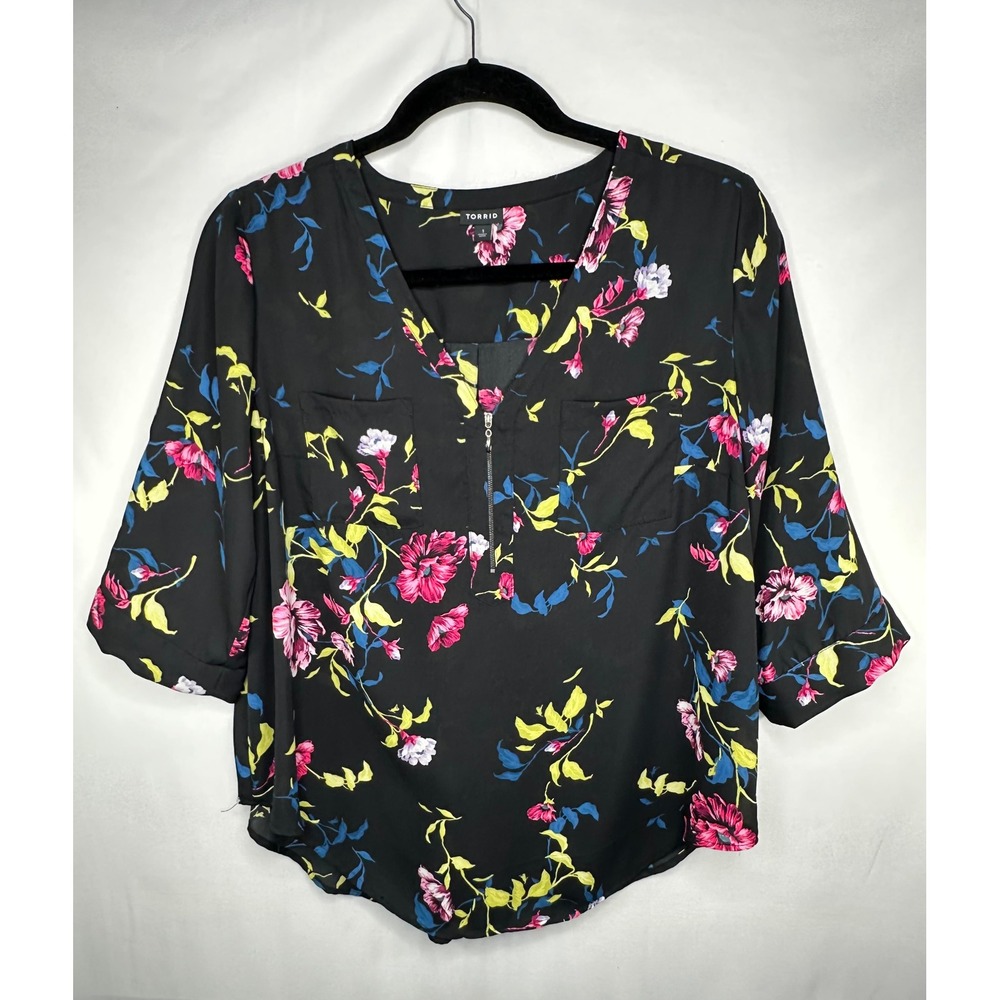 Torrid Black Floral Pink Yellow Harper Georgette Half Zip Blouse 3/4 Sleeve 1X